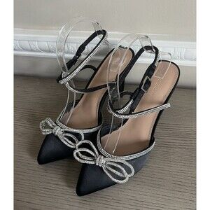 BCBG Women's  High Heel Strappy Heels Black Satin Beaded Sparkly Size 7.5 NEW